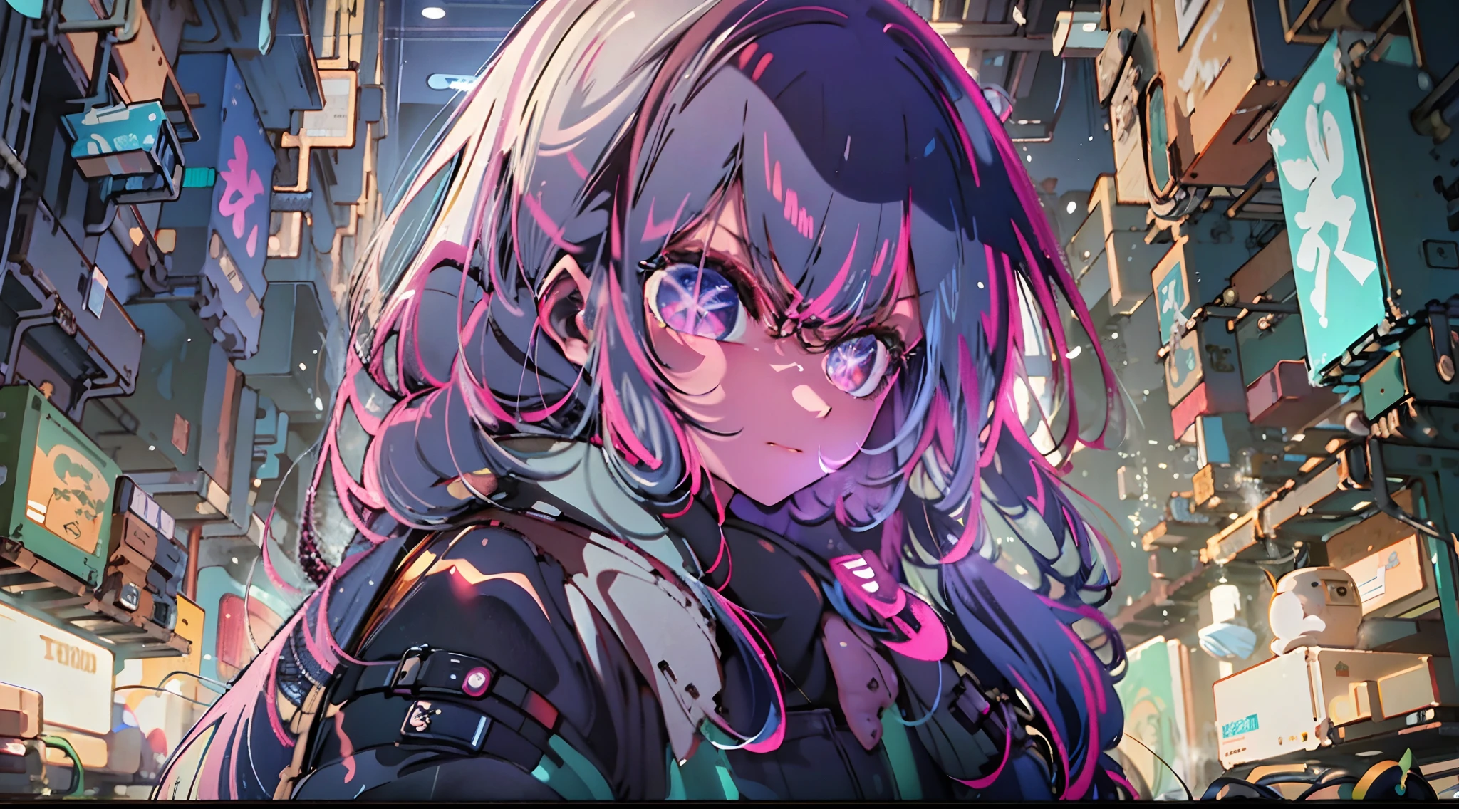 Noite, Fundo colorido da cidade cyberpunk, menina de rua, sirin,honkai impact, olhos azuis, olhos brilhantes, Meias pretas, retroiluminado, brilhar, Surveying the audience, Low angle lens, olhando para cima lente, perfect composition, delicadeza perfeita de luz e sombra, 8k