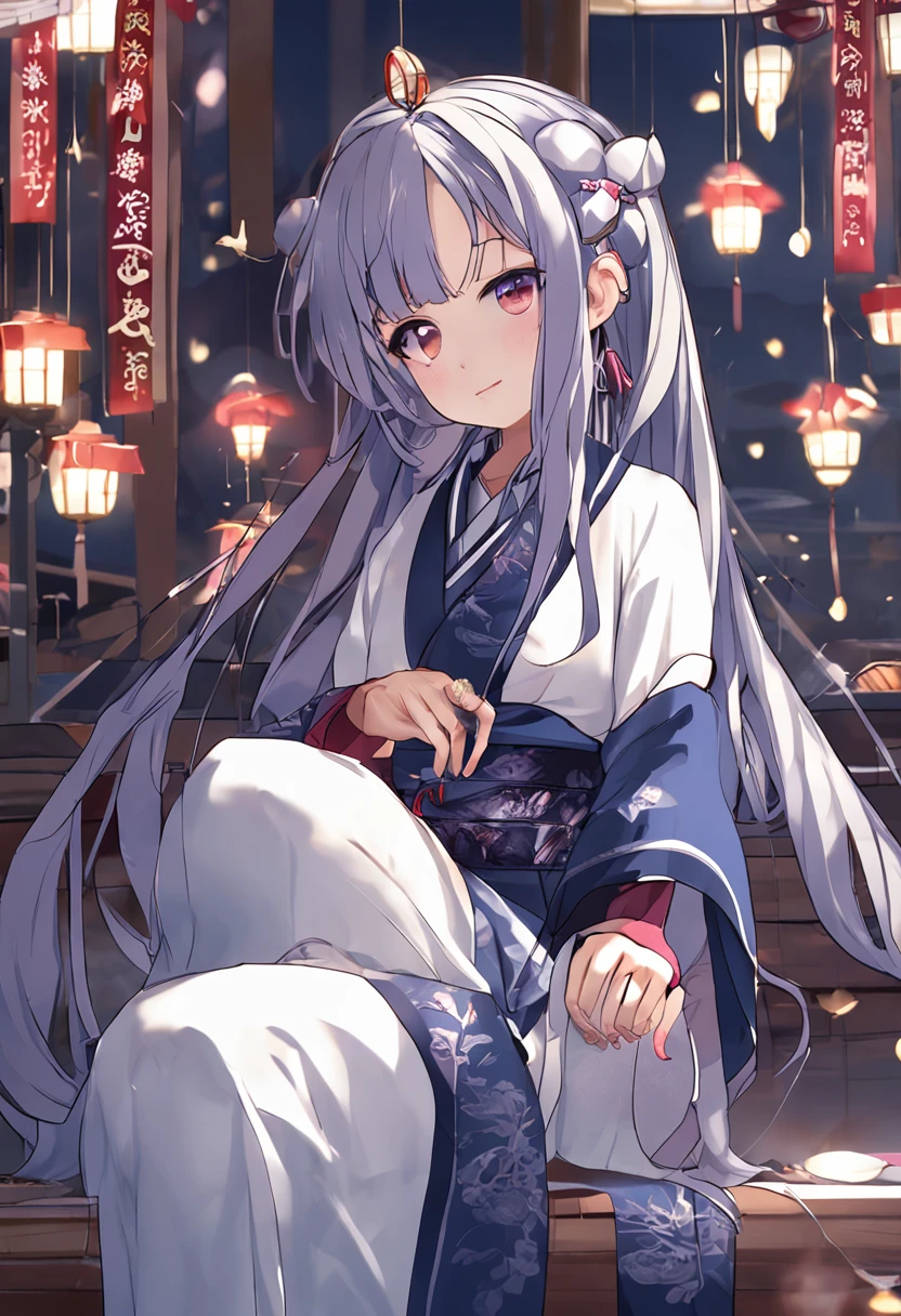 (​masterpiece)、((top-quality))、(Ultra-detail)、1girl in､Silver long hair、 Dark blue ribbons on left and right、huge-breasted、a smile、 Purple big eyes, kimono, common, solo, red kimono, Dark blue kimono、Look at viewers, wide sleeves, bubbling, long-sleeve, Parting bangs, is standing, hold, bangss