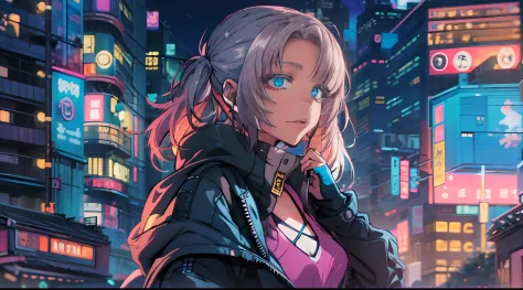 noite, fundo colorido da cidade cyberpunk, menina de rua,nazuna nanakusa, yofukashi no uta, olhos azuis, olhos brilhantes, meias...