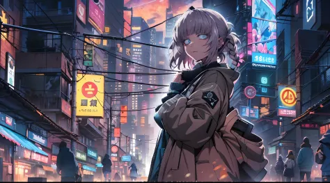 noite, fundo colorido da cidade cyberpunk, menina de rua,nazuna nanakusa, yofukashi no uta, olhos azuis, olhos brilhantes, meias...