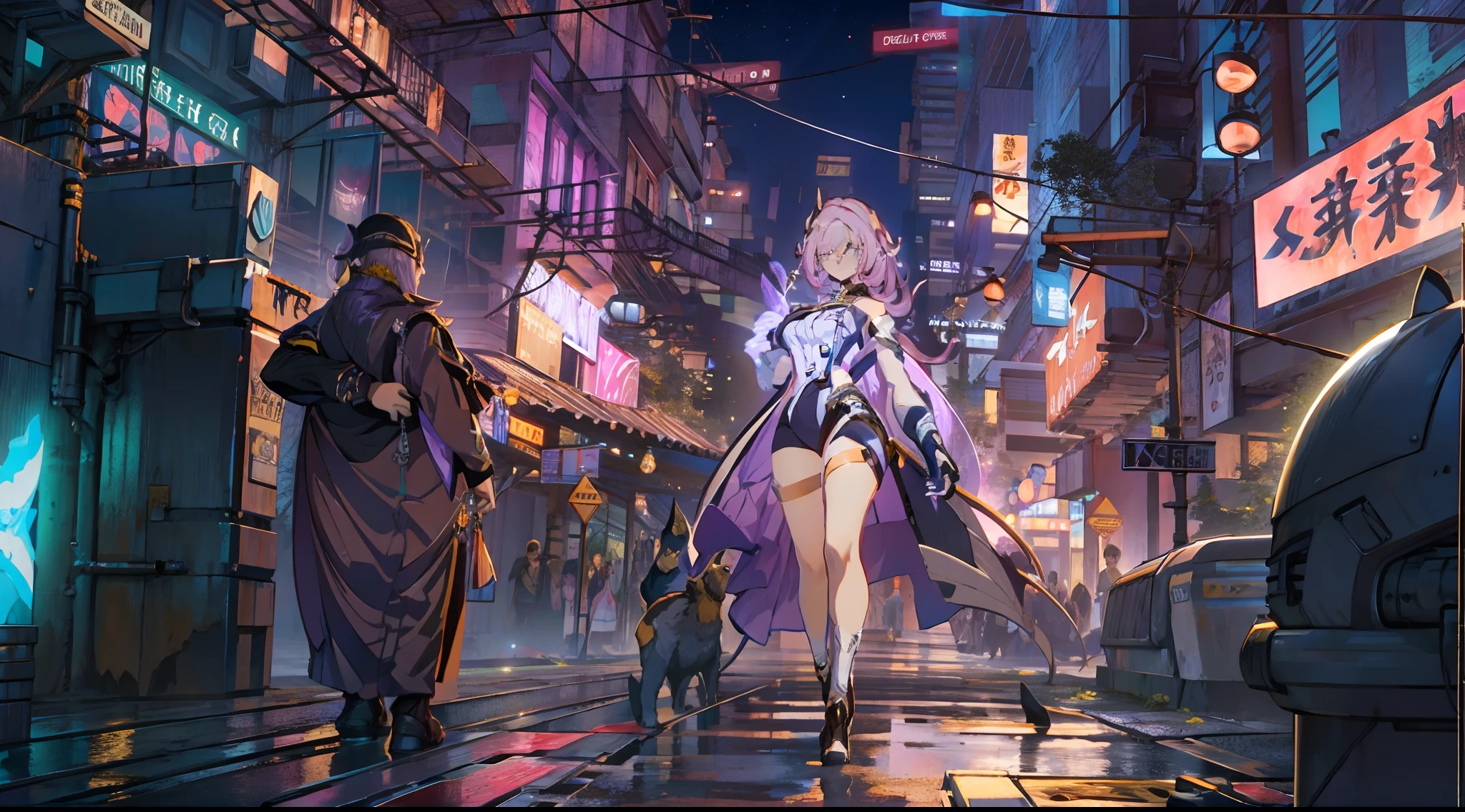 natta, Colorful cyberpunk city background,  of street, elysia,honkai impact, blue colored eyes, glare eyes, blackstockings, back-illuminated, Glow Up, Surveying the audience, Low angle lens, looking up lens, perfect composition, perfect delicacy of light and shadow, 8k