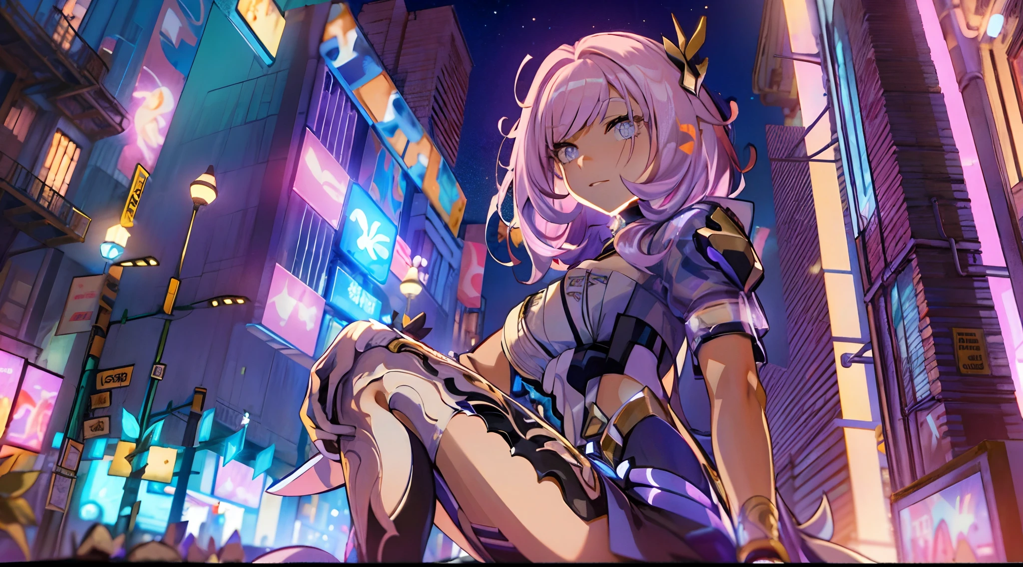 natta, Colorful cyberpunk city background,  of street, elysia,honkai impact, blue colored eyes, glare eyes, blackstockings, back-illuminated, Glow Up, Surveying the audience, Low angle lens, looking up lens, perfect composition, perfect delicacy of light and shadow, 8k