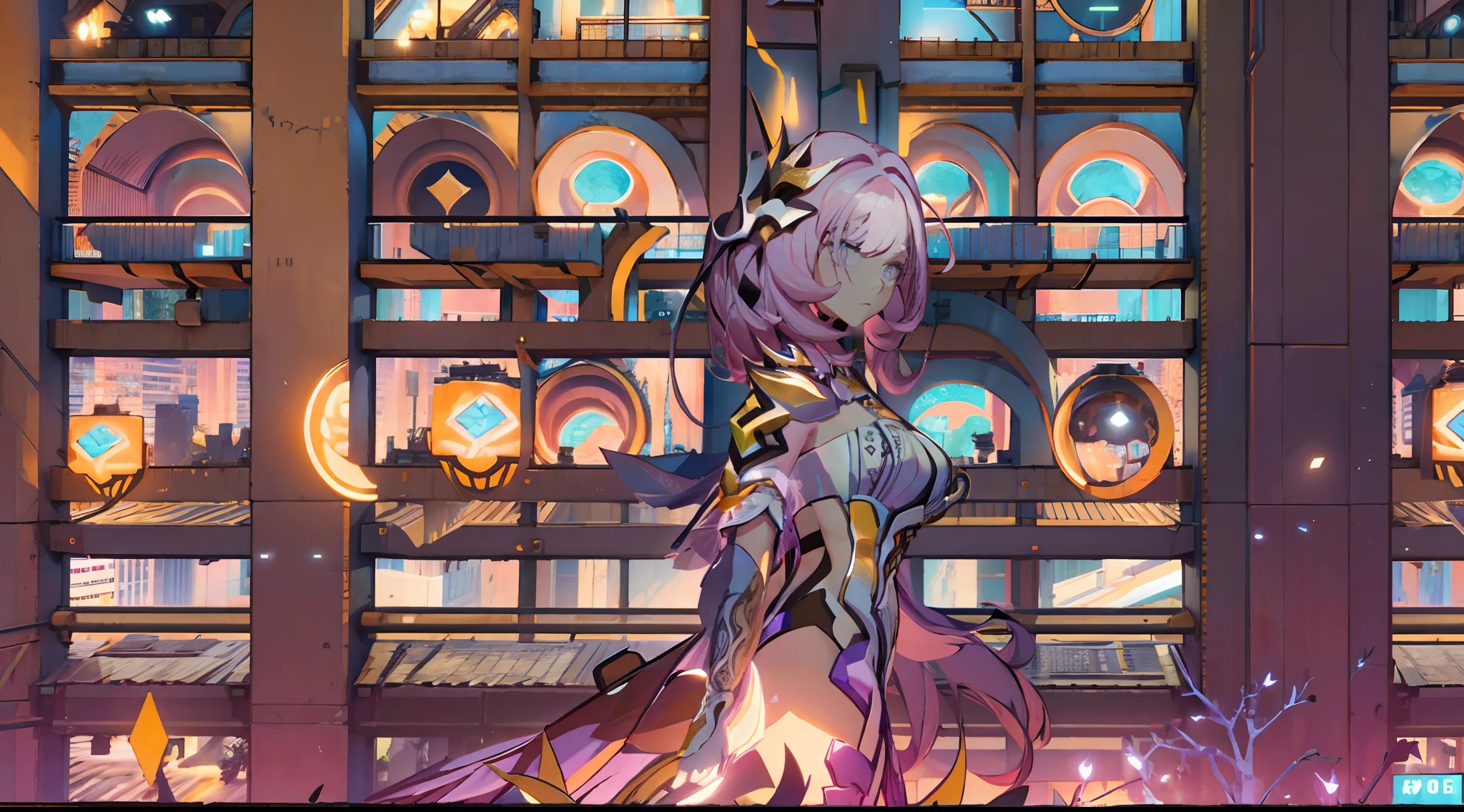 natta, Colorful cyberpunk city background,  of street, elysia,honkai impact, blue colored eyes, glare eyes, blackstockings, back-illuminated, Glow Up, Surveying the audience, Low angle lens, looking up lens, perfect composition, perfect delicacy of light and shadow, 8k