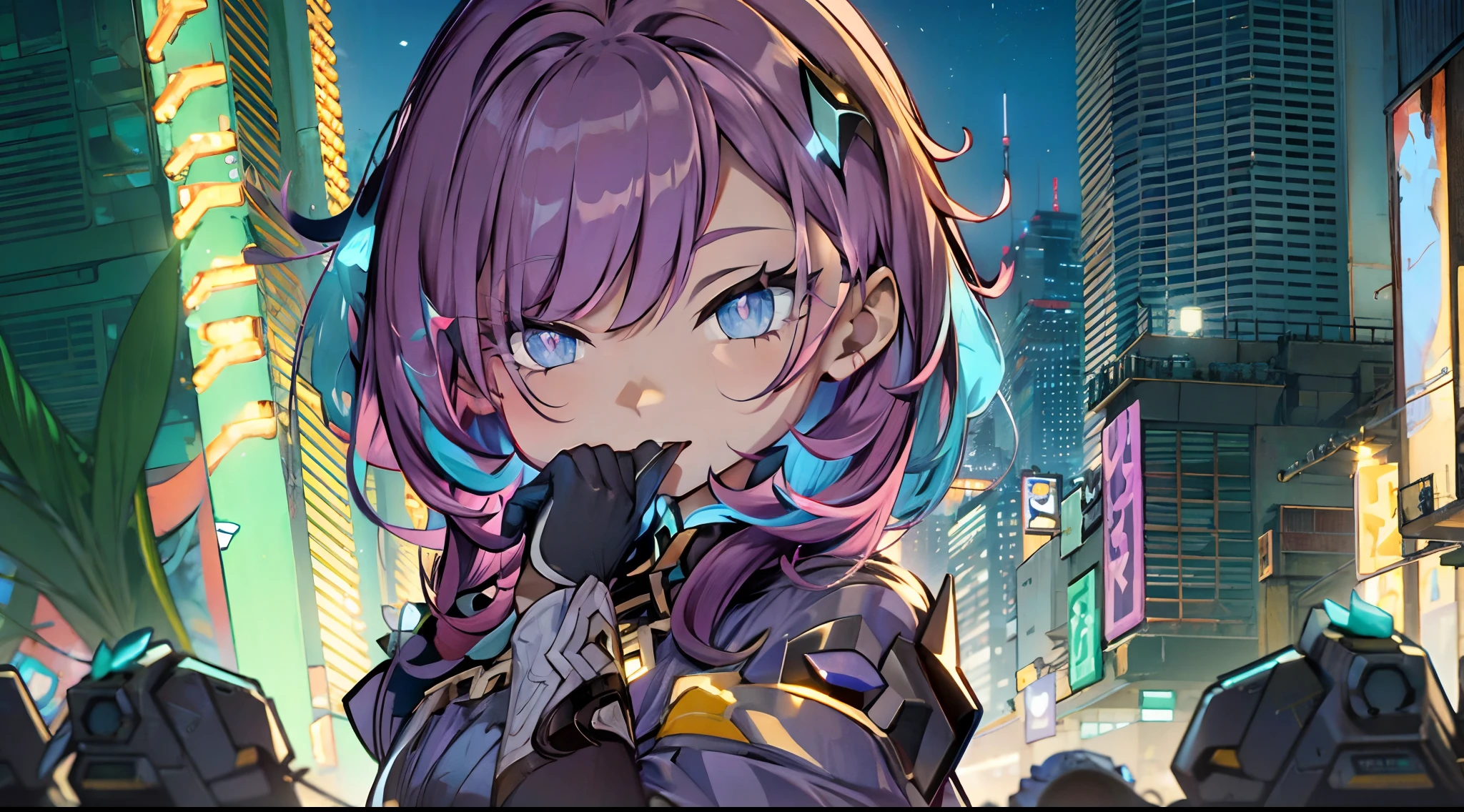 natta, Colorful cyberpunk city background,  of street, elysia,honkai impact, blue colored eyes, glare eyes, blackstockings, back-illuminated, Glow Up, Surveying the audience, Low angle lens, looking up lens, perfect composition, perfect delicacy of light and shadow, 8k