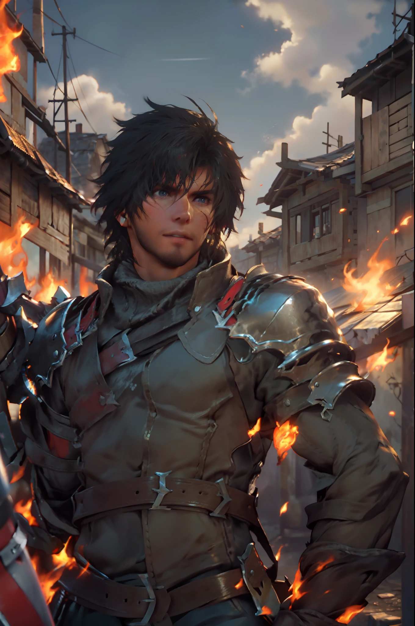 (absurdities, High Resolutions, ultra detailed, HdR), masterpiece, The best quality, final fantasy xvi, clive rosfield, 1man only, handsome, short hair, black hair, vibrant blue eyes, fine eyes and detailed face, armor, ((Intricate weapon)), combat pose,  over hill, fire flames behind, affected smile, annoying.