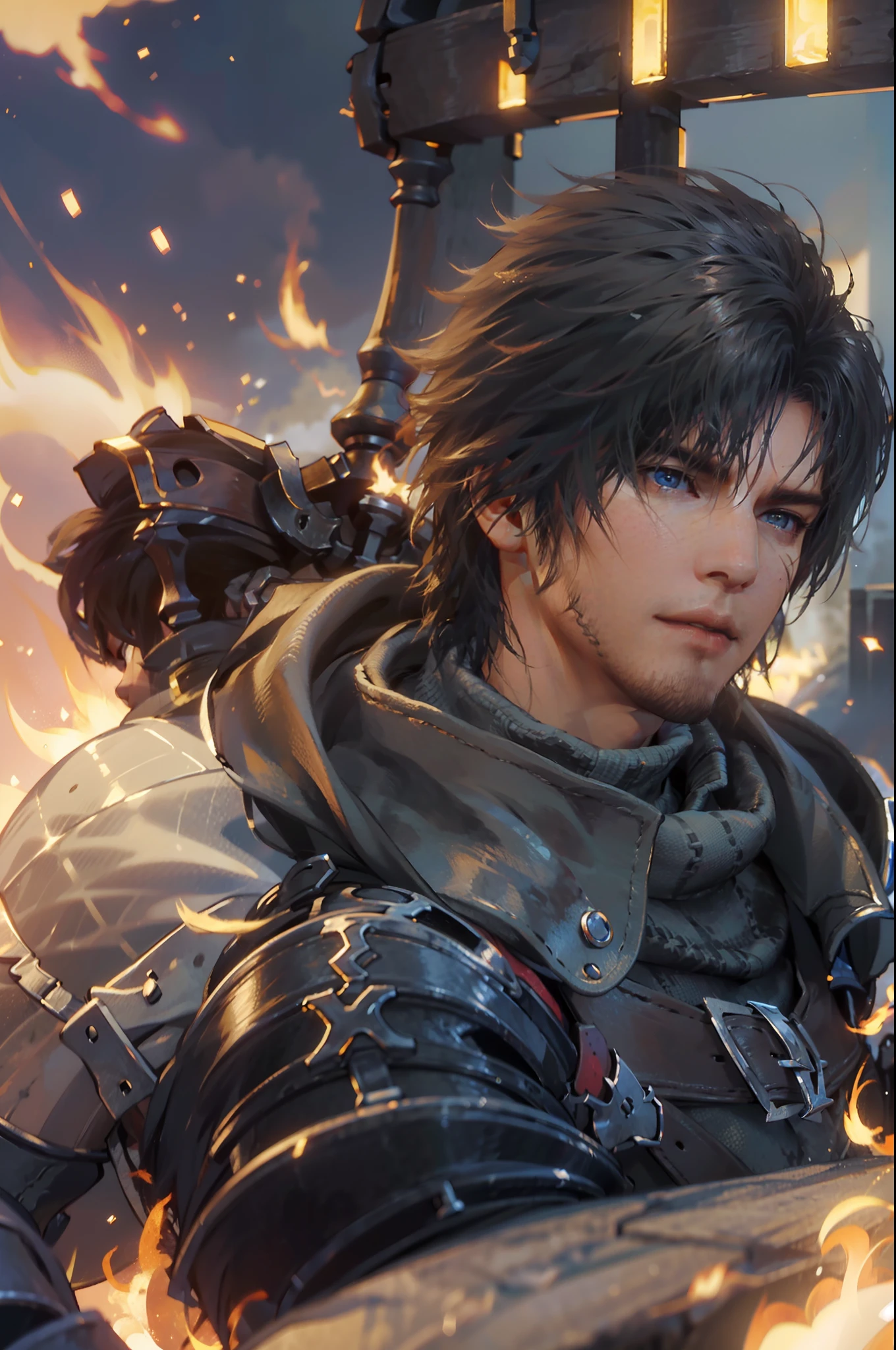 (absurdities, High Resolutions, ultra detailed, HdR), masterpiece, The best quality, final fantasy xvi, clive rosfield, 1man only, handsome, short hair, black hair, vibrant blue eyes, fine eyes and detailed face, armor, ((Intricate weapon)), combat pose,  over hill, fire flames behind, affected smile, annoying.