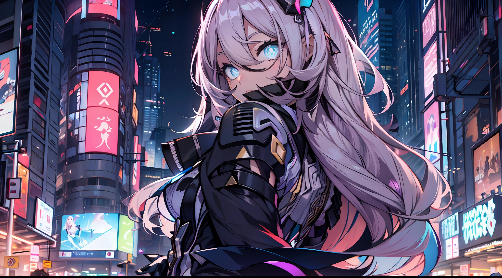 natta, Colorful cyberpunk city background,  of street, elysia,honkai impact, blue colored eyes, glare eyes, blackstockings, back-illuminated, Glow Up, Surveying the audience, Low angle lens, looking up lens, perfect composition, perfect delicacy of light and shadow, 8k