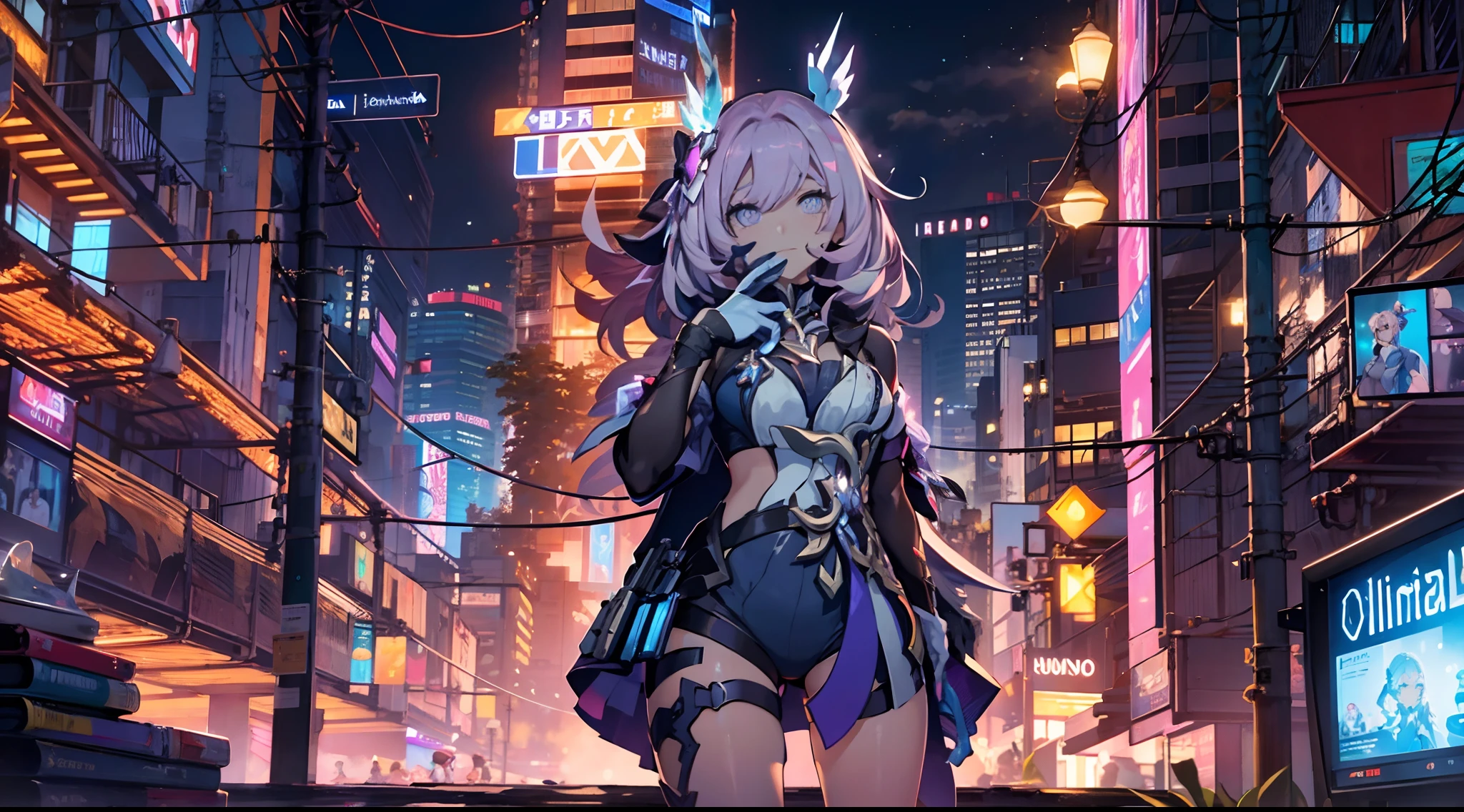 natta, Colorful cyberpunk city background,  of street, elysia,honkai impact, blue colored eyes, glare eyes, blackstockings, back-illuminated, Glow Up, Surveying the audience, Low angle lens, looking up lens, perfect composition, perfect delicacy of light and shadow, 8k