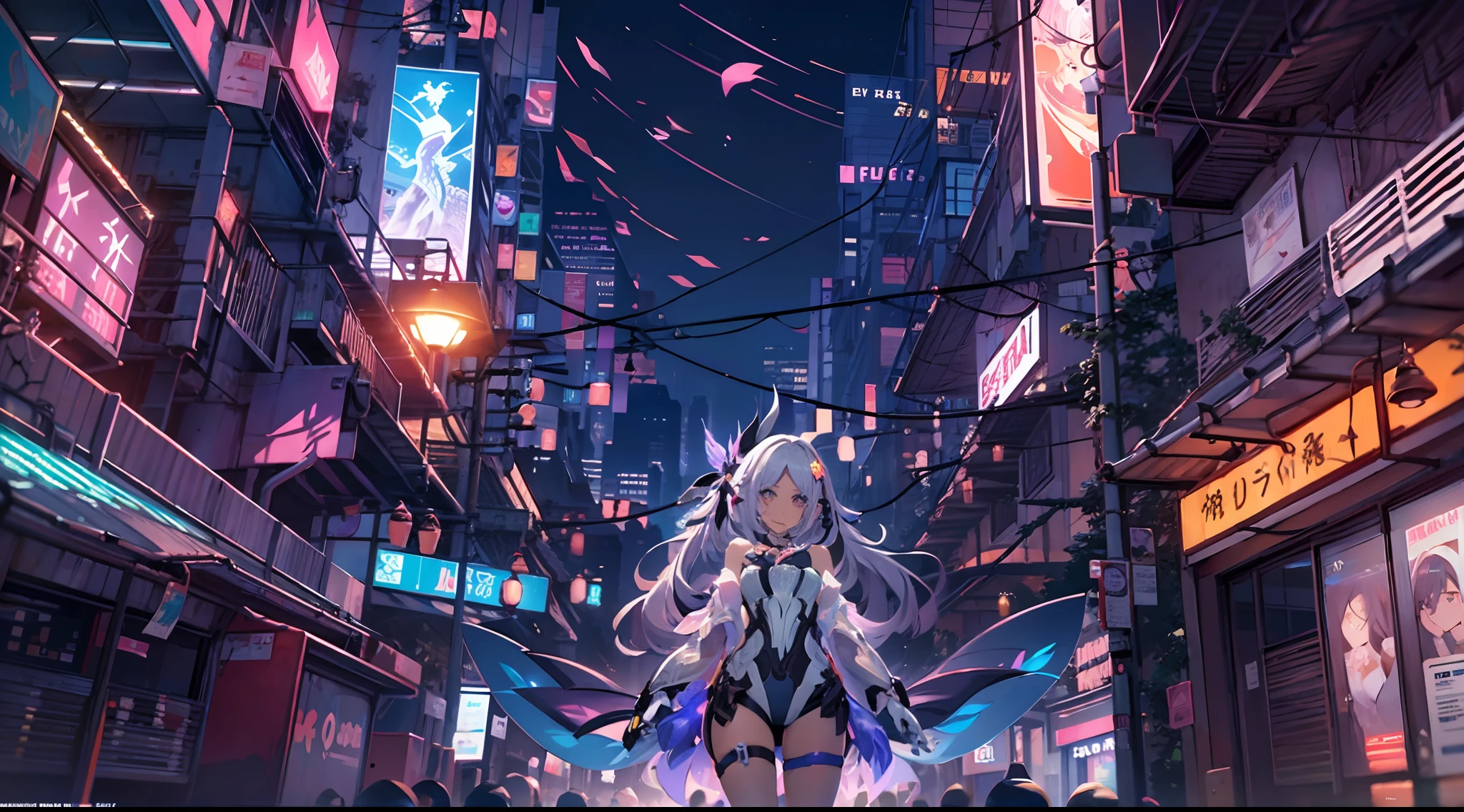 Nuit, Fond de ville cyberpunk coloré,  de rue, Élysée,impact honkai, yeux bleus, yeux pétillants, chaussettes noires, rétroéclairé, briller, Sonder le public, objectif faible angle, regardant l&#39;objectif, composition parfaite, délicatesse parfaite de la lumière et de l&#39;ombre, 8k