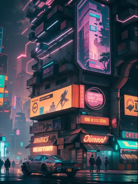 buildings, cyberpunk city , bright, dull, sunset, futuristic, neon, Mega city, giant city, people walking in city, bus, store, facade, neon sign, LCD billboards, flying cars, cyberpunk 2077, cyberwave, synthwave, lens flare, masterpiece, photo realistic, c...