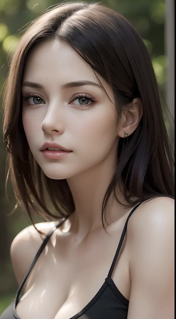 (masutepiece, Best Quality, Photorealistic, hight resolution, Photography, :1.3), Very close-up shot, Sharp Focus, 1 brunette girl, European Girl, hotmodel, Highly detailed eyes and pupils, Realistic skin, Slim body shape, cleavage, very detail hair, Delic...