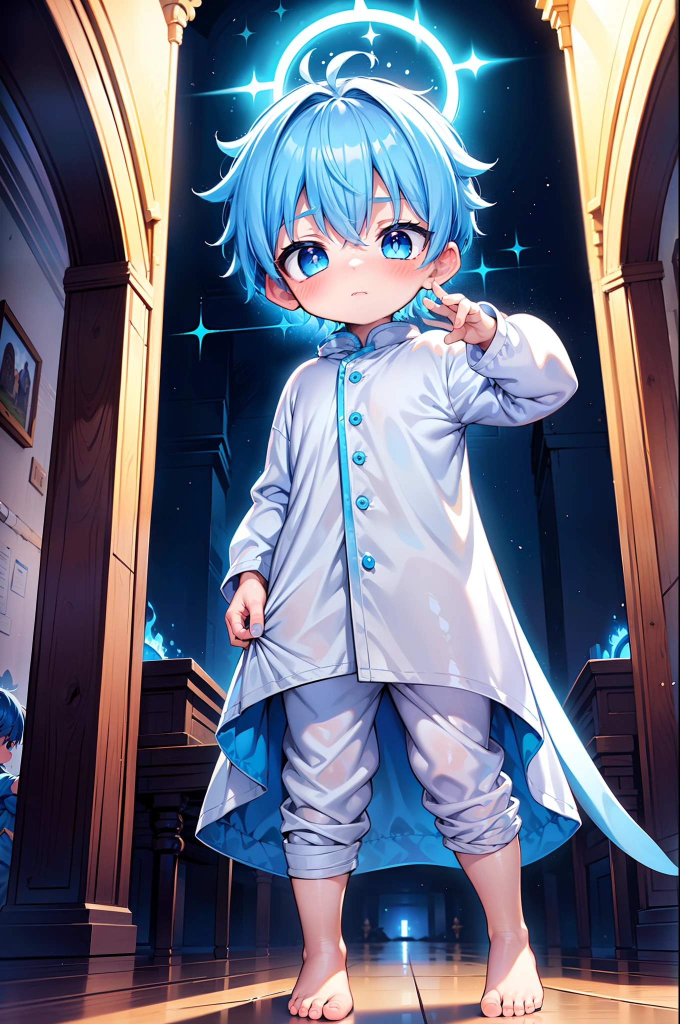 4K, (obra de arte:1), Little Garoto with blue colored hair and shiny, olhos ciano brilhantes e descalço, em pé no campo, épico, cinematic, jovem, Garoto, , pequeno, criança pequena, tiny pés, focus on pés, pés, rubor, (jovem:1.4), (criança:1.4), (Shota:1.4), (macho:1.4), (Garoto:1.4), (roupas divinas:1.4), (épico:1.4), (posando:1.4), (cinematic:1.4),