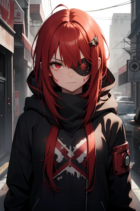 1 girl, bangs, red hair, red eyes, robotic sleeves, sad, covered eye, covered eye, right eyepatch, metal scarf around neck, high...