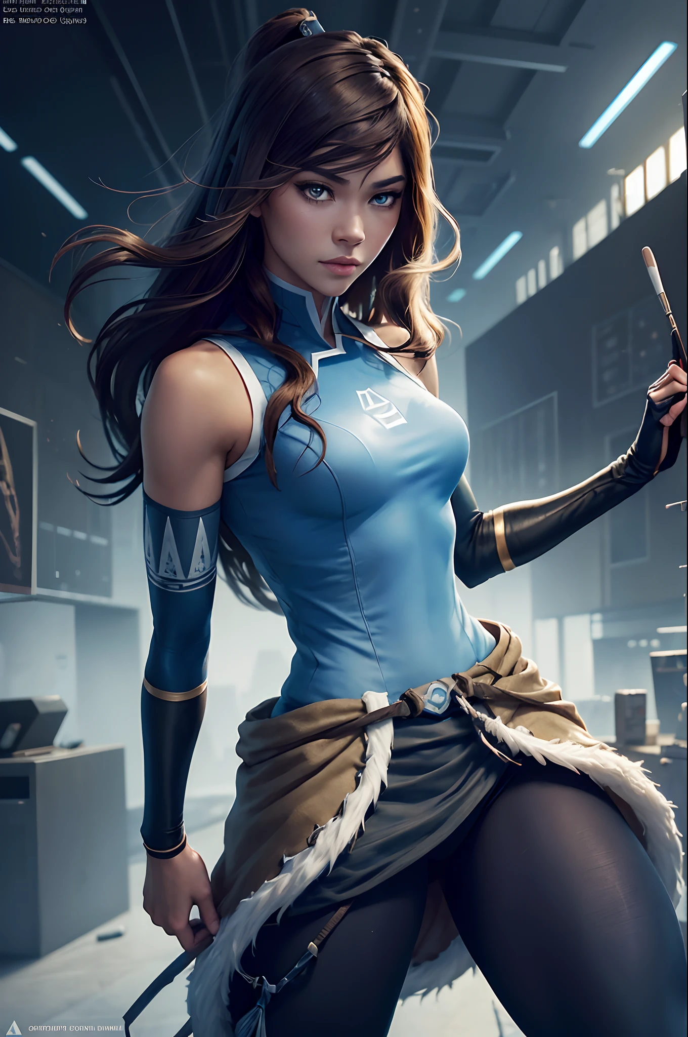 Zendaya like Korra, sightly muscled, messy hair, Full body, Beautiful anime waifu style girl,hyperdetailed painting, luminism, art by artgerm, concept art, dark background, abstract beauty, approaching perfection, pure form, golden ratio, minimalistic, dark atmosphere, unfinished, concept art, intricate details, 8k post production, high resolution, hyperdetailed, trending on artstation, sharp focus, studio photo, intricate details, highly detailed,