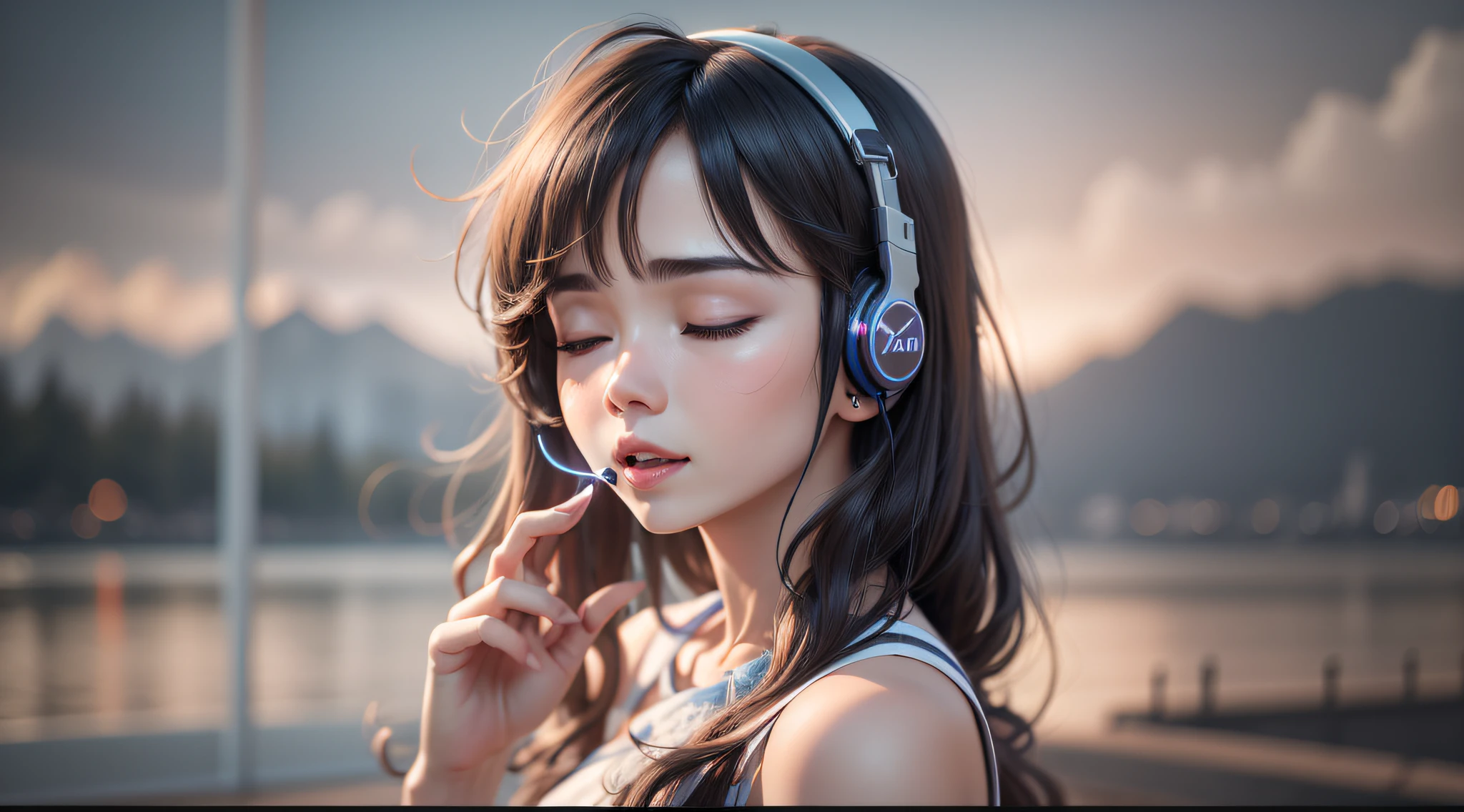 Woman with peace sense headset，closing her eyes，beauitful face，RGB colors，Anime brunette hair，Youku video banner，happy girls，RGB color cloud，Bright RGB colors，Black color hair，Very delicate face，tmasterpiece，best qualtiy，（Ultra-high resolution，realisticlying，realisticlying，best qualtiy，realisticlying。Background nature，Detailed digital anime art, rendered in sfm, 3d anime girl