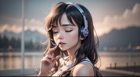 Woman with peace sense headset，closing her eyes，beauitful face，RGB colors，Anime brunette hair，Youku video banner，happy girls，RGB...