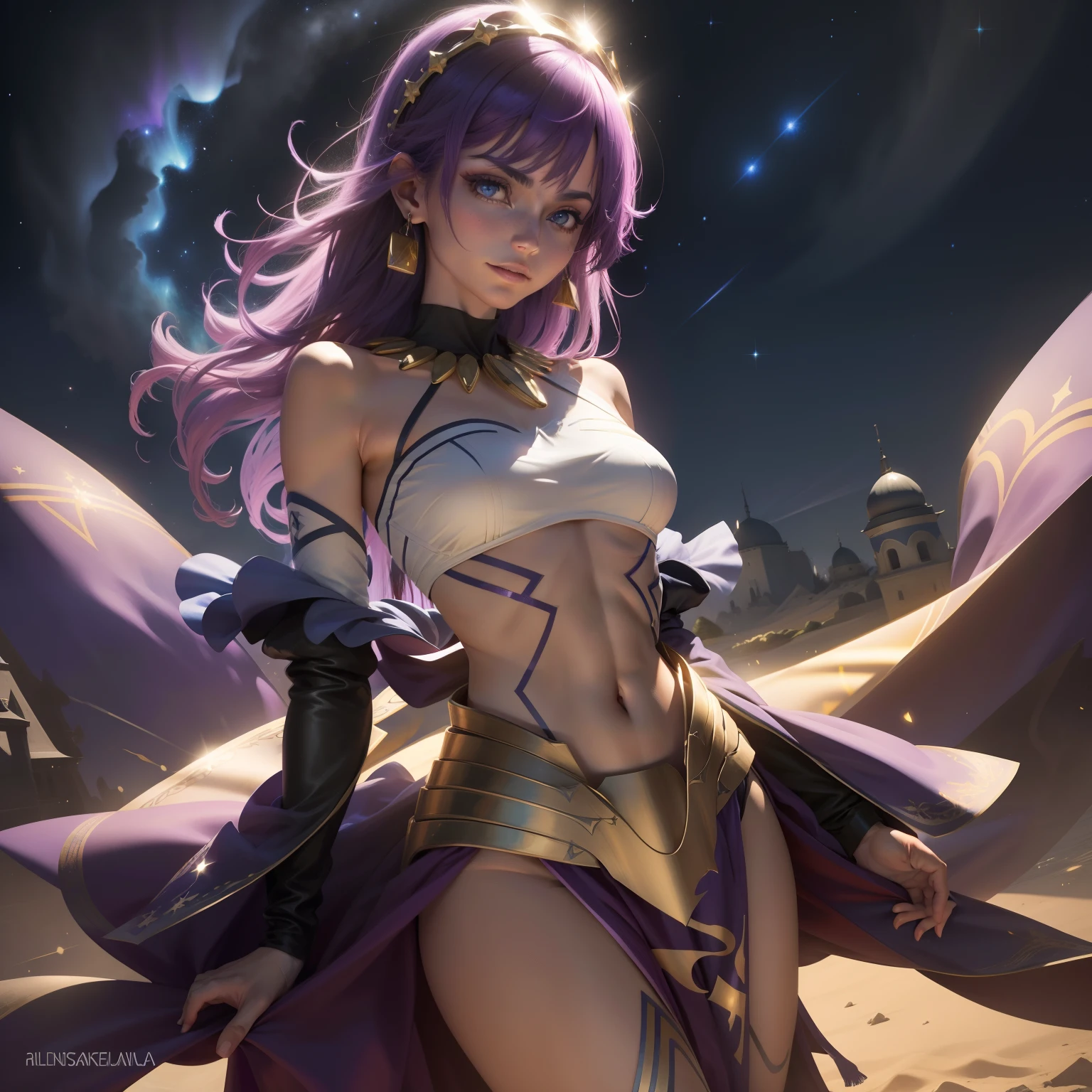 Nome: Elena "Astra Sombria"
fascinar: Elena possui uma beleza etérea e enigmática. Seu longo, cabelo sedoso é a cor do ébano, com mechas de um roxo profundo entrelaçadas. A luz revela um brilho sutil nas mechas, Criando um efeito Galaxy em suas madeixas. Seus grandes olhos são um violeta profundo, intenso como o espaço sideral, com pequenos pontos brilhantes que parecem estrelas distantes. As íris reagem à sua emoção, variando em intensidade de acordo com seu estado de espírito.

A pele de Elena tem um tom pálido, com um brilho suave que reflete a luz de uma forma única. Ela tem tatuagens intrincadas que correm por seus braços e pescoço, formando padrões complexos semelhantes a constelações. As tatuagens brilham fracamente em tons de azul escuro quando ela usa seus poderes. Suas mãos delicadas têm unhas pintadas com um esmalte iridescente que muda de cor de acordo com o ângulo.

Elena usa um traje que combina elementos da moda moderna com um toque cósmico. Ela usa uma blusa de gola alta de cor roxo-escuro, que contrasta com uma saia longa e fluida de tom preto profundo. Envelope ou terno, ela usa um sobretudo feito de um material escuro e brilhante, que parece captar a luz e criar padrões astrais quando ela se move. Botas altas e elegantes completam seu visual, com solas que emitem uma suave luminosidade.

Sua postura é sempre elegante e segura, Mas também carrega um ar de mistério que atrai olhares indiscretos. Elena emana uma presença magnética, Uma aura que parece ser uma fusão do cosmos e da noite estrelada. Seu olhar profundo e sorriso enigmático sugerem segredos e histórias que só ela conhece.