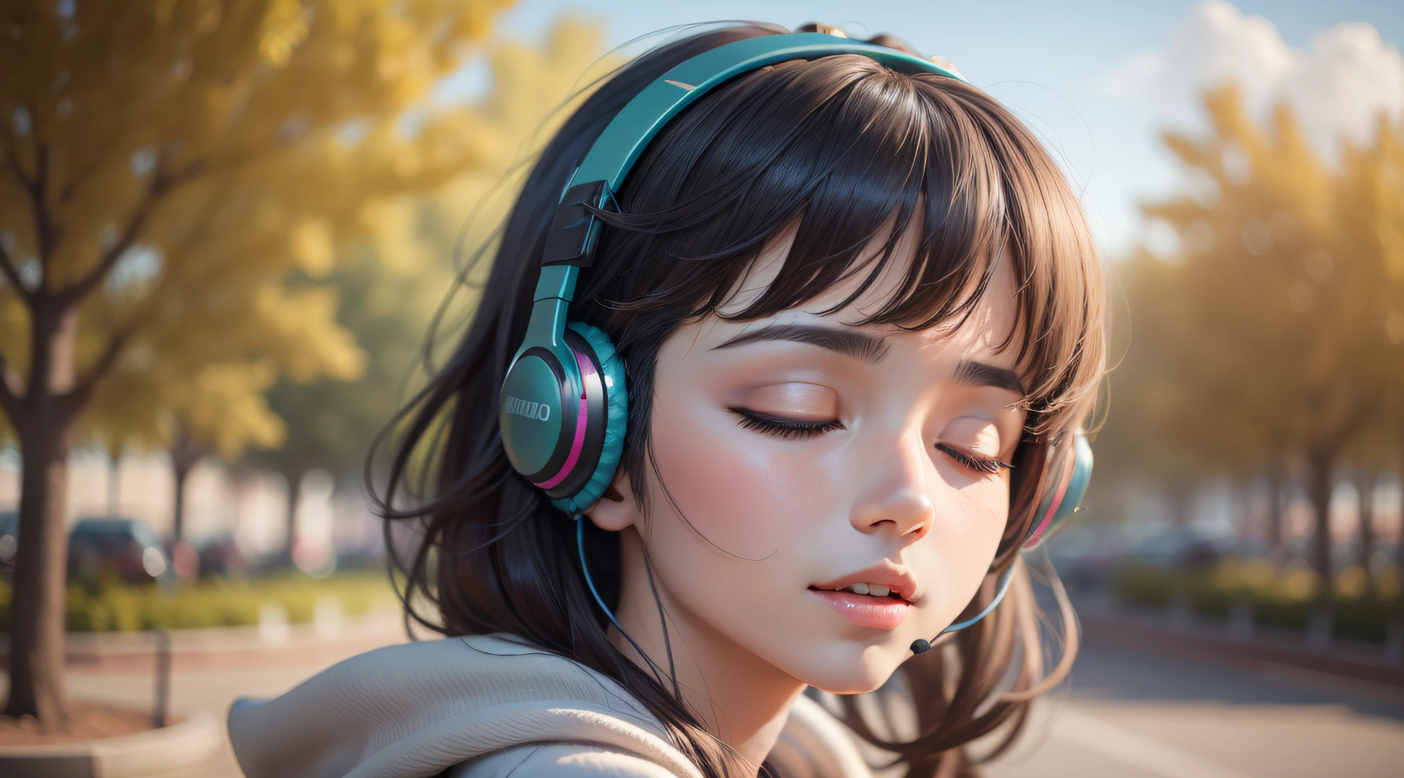 Woman with peace sense headset，closing her eyes，beauitful face，RGB colors，Anime brunette hair，Youku video banner，happy girls，RGB color cloud，Bright RGB colors，Black color hair，Very delicate face，tmasterpiece，best qualtiy，（Ultra-high resolution，realisticlying，realisticlying，best qualtiy，realisticlying。Background nature，Detailed digital anime art, rendered in sfm, 3d anime girl