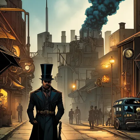 detective steampunk, is in a dark alley. marvel and dc comic book style. a steampunk city with tall buildings and giant moving g...