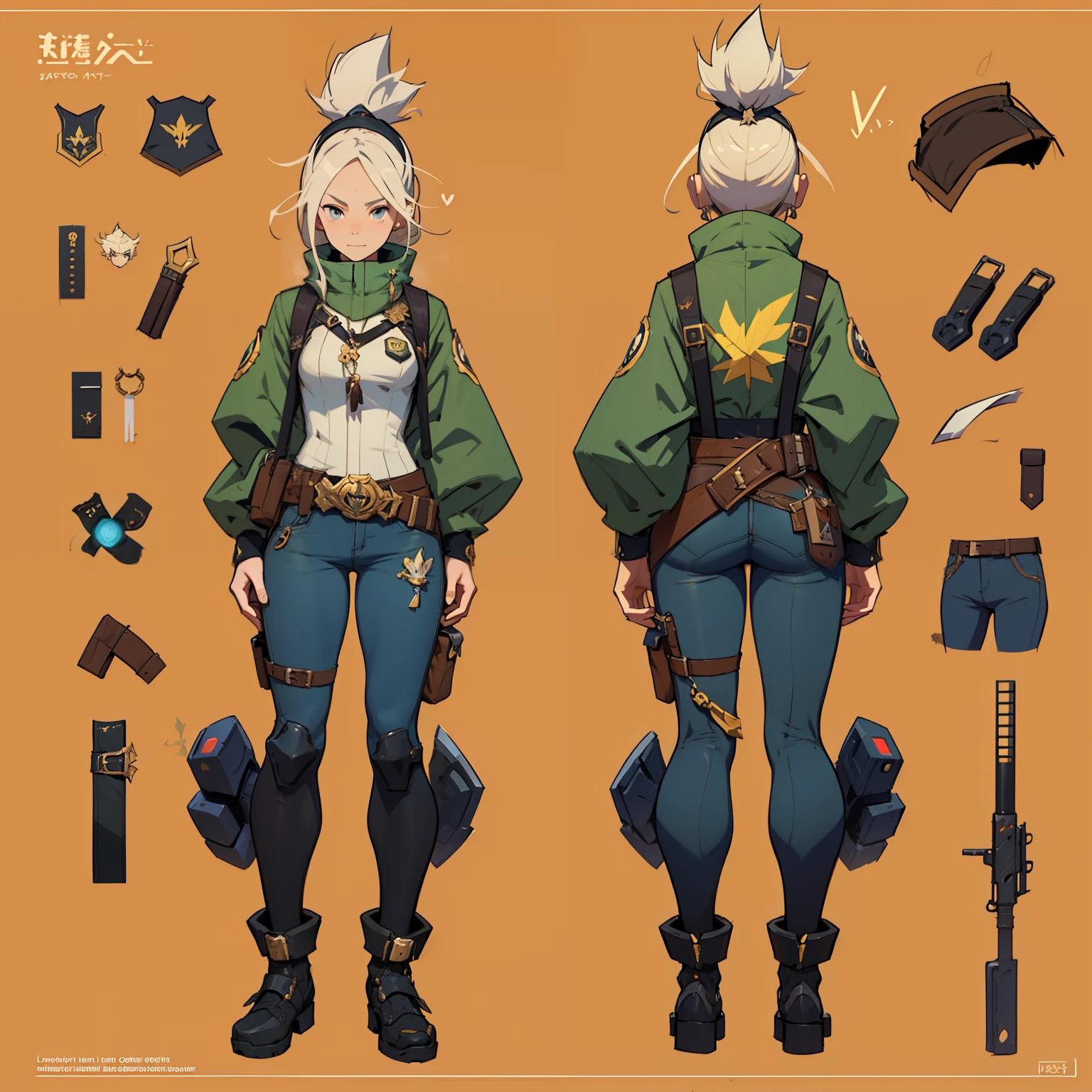 Close-up of a man dressed as a gun, ((character concept art)), ((Character Design Sheet, Same character, front, side, back)) Maple story character art, Video Game Character Design, Video Game Character Design, Maple Gun Girl Story, Girl wearing a cute cartoon rabbit hairpin on her head, Flared yellow ornament on the girl's clothes, High Detail Art Concept Expert, The Art of Metal Lead Concept, Funny character design, Lucio as a woman, Gravity rush inspiration, Viscous tar. concept art, Belt with buckle fastening at waist, Stambonk's weapon.,