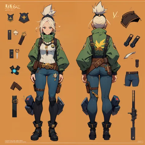 Close-up of a man dressed as a gun, ((character concept art)), ((Character Design Sheet, Same character, front, side, back)) Maple story character art, Video Game Character Design, Video Game Character Design, Maple Gun Girl Story, Girl wearing a cute cart...