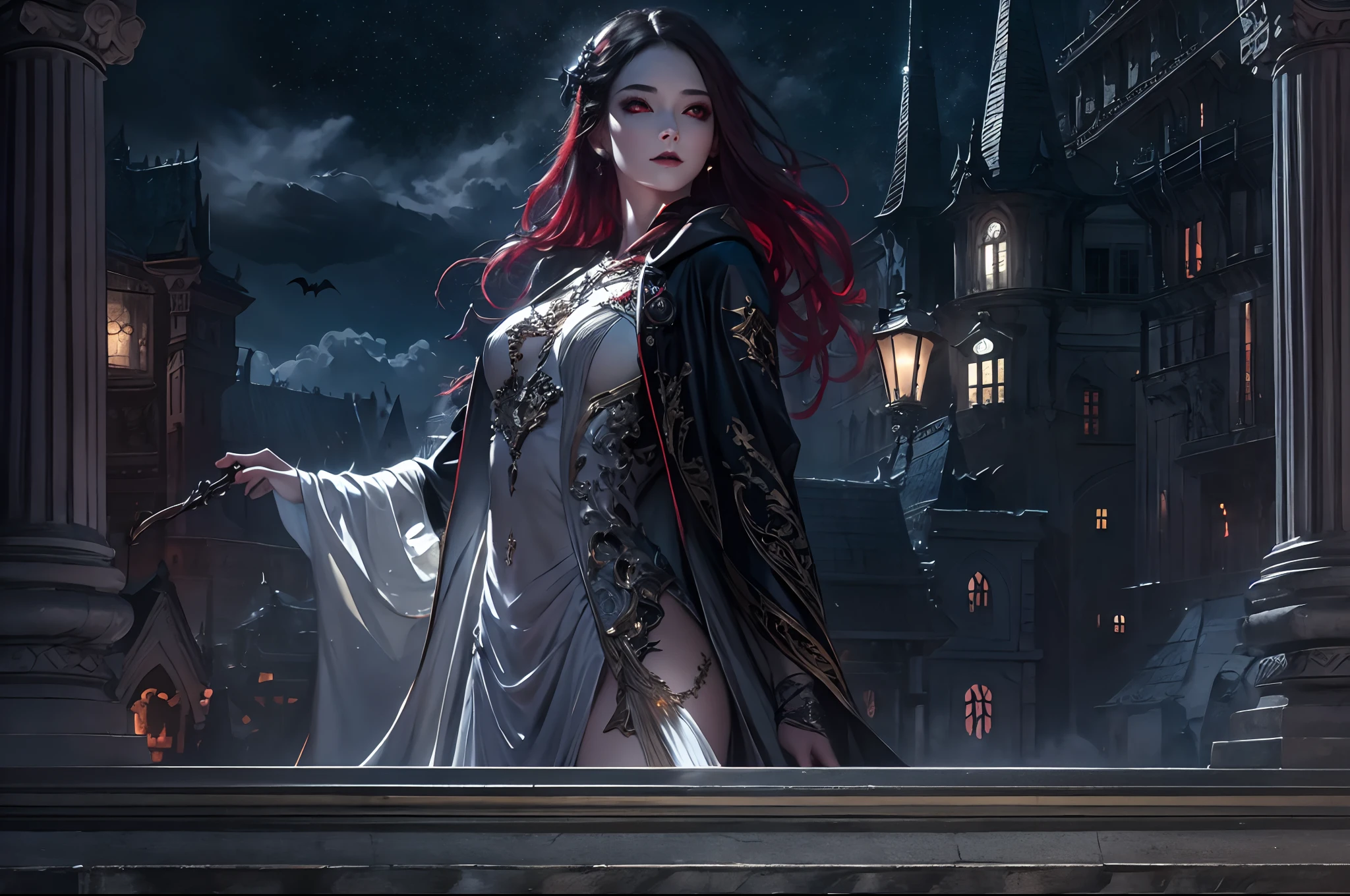a picture of an exquisite beautiful female vampire standing under the starry night sky on the porch of her castle, dynamic angle (ultra detailed, Masterpiece, best quality), ultra detailed face (ultra detailed, Masterpiece, best quality), ultra feminine, grey skin, red hair, wavy hair, dynamic eyes color, cold eyes, glowing eyes, intense eyes, dark red lips, [fangs], wearing white dress (ultra detailed, Masterpiece, best quality), blue cloak (ultra detailed, Masterpiece, best quality), long cloak, flowing cloak (ultra detailed, Masterpiece, best quality), high heeled boots, sky full of stars background, moon, bats flying about, high details, best quality, 8k, [ultra detailed], masterpiece, best quality, (ultra detailed), full body, ultra wide shot, photorealism, dark fantasy art, dark fantasy art, gothic art, many stars, dark fantasy art, gothic art, sense of dread,