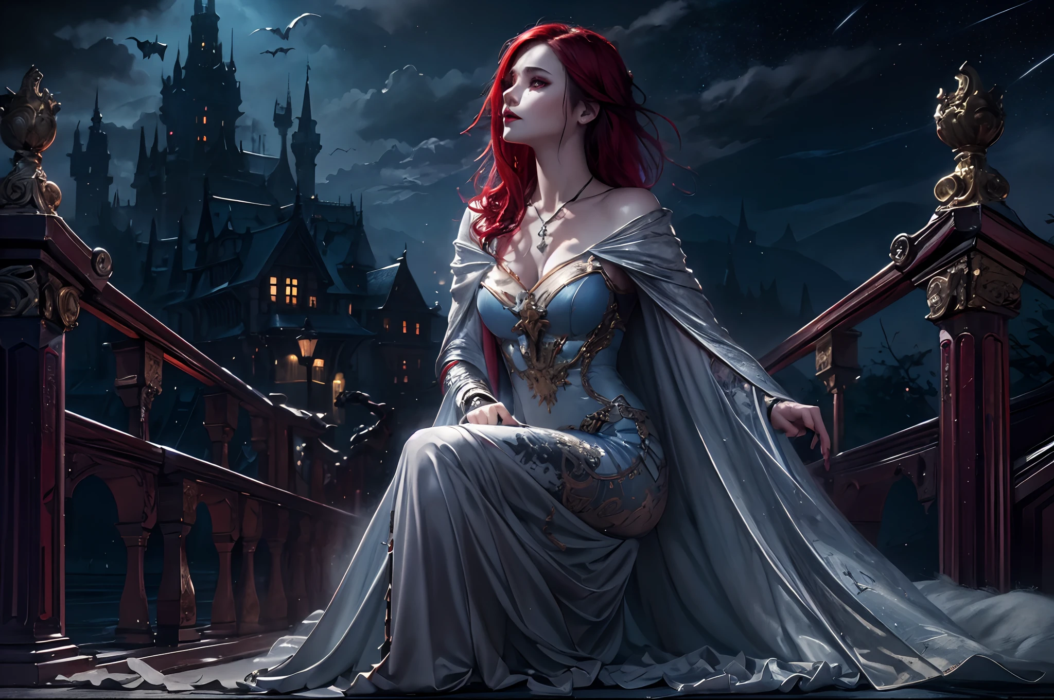 a picture of an exquisite beautiful female vampire standing under the starry night sky on the porch of her castle, dynamic angle (ultra detailed, Masterpiece, best quality), ultra detailed face (ultra detailed, Masterpiece, best quality), ultra feminine, grey skin, red hair, wavy hair, dynamic eyes color, cold eyes, glowing eyes, intense eyes, dark red lips, [fangs], wearing white dress (ultra detailed, Masterpiece, best quality), blue cloak (ultra detailed, Masterpiece, best quality), long cloak, flowing cloak (ultra detailed, Masterpiece, best quality), high heeled boots, sky full of stars background, moon, bats flying about, high details, best quality, 8k, [ultra detailed], masterpiece, best quality, (ultra detailed), full body, ultra wide shot, photorealism, dark fantasy art, dark fantasy art, gothic art, many stars, dark fantasy art, gothic art, sense of dread,