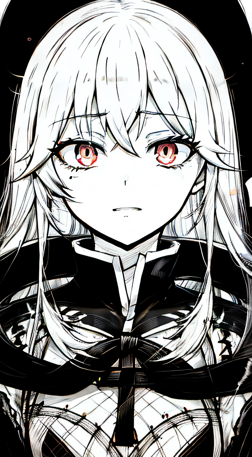 a drawing of a woman with long hair and a cross on her face, gapmoe yandere grimdark, intense black line art, black and white manga style, with anxious piercing eyes, portrait gapmoe yandere grimdark, yandere intricate, detailed anime face, gapmoe yandere, with haunted eyes and dark hair, highly detailed angry anime face, intense line art