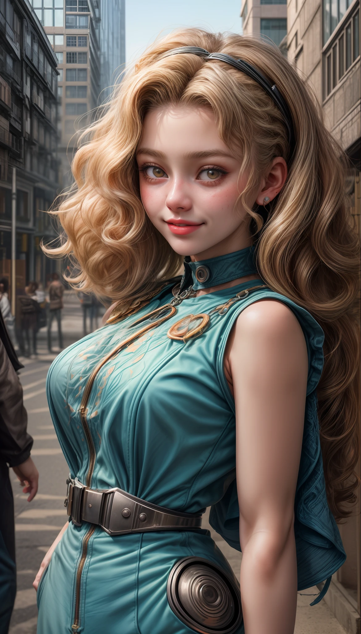 Портрет 18-летней короткой кудрявой блондинки в комбинезоне 50-х годов, улыбается, потный с ожерельем и серьгами , 8K Ультра реалистично, в городе с несколькими зданиями, Солнечный
