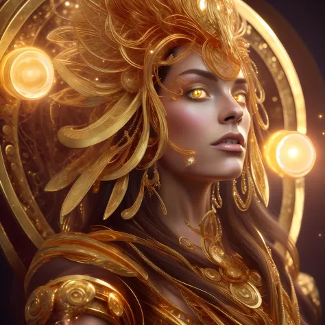 a close up of a woman with a golden headdress and a gold ring, fantasy art behance, goddess. extremely high detail, epic fantasy...
