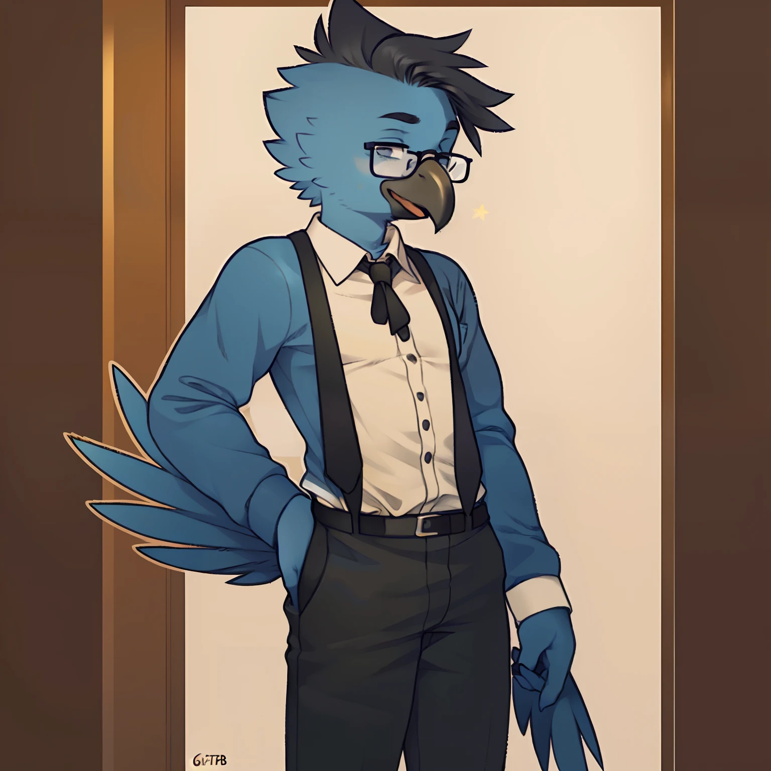 ((by nextel, by glitter trap boy)), solo, standing, male, ((avian, beak, hair)), blue bird, black hair, slim, skinny, thin, weak, pathetic, glasses, black dress pants, white button up, black tie