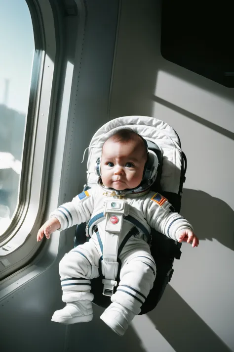 guttonerdvision10, Hyperrealistic portrait of a adorable baby astronaut floating weightlessly in space, dressed in a miniature s...