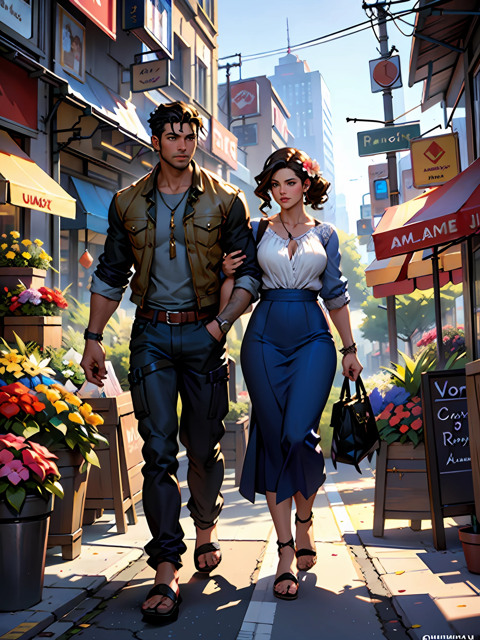 there is a man and woman standing in front of a store, flower shop scene, romance novel cover, detailed scene, stylized urban fantasy artwork, in city street, beautiful screenshot, life simulator game screenshot, hyper detailed scene, realistic fantasy render, realistic scene, highly detailed scene, inspired by Jaime Frias, photorealistic