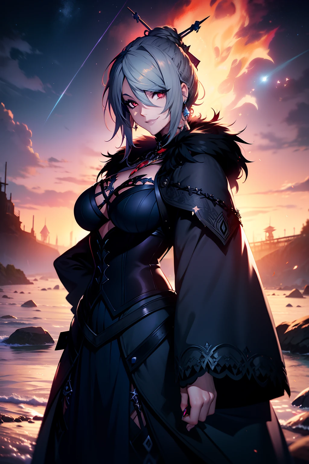 Young Woam, white hair, fur dress, arms tattoed, dark eye shadows, red eyes, smiling, on a beach, at night, stars in the sky, dark blue sky, lit by a fire, 4k, Gothic style, Lulu, Final Fantasy