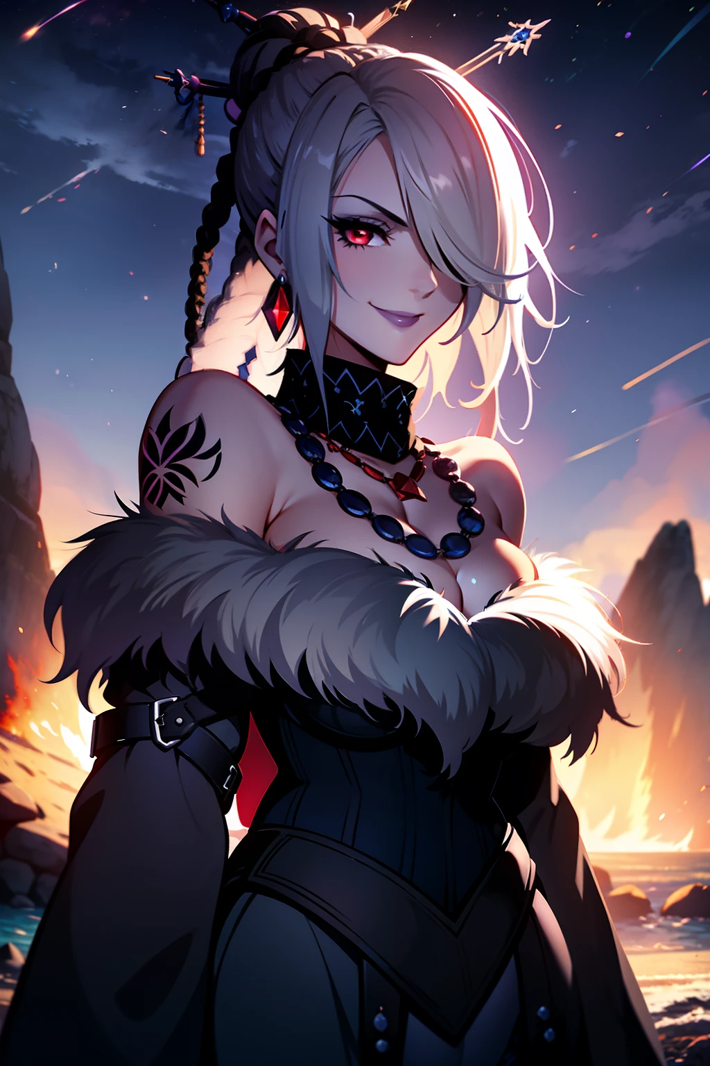 Young Woam, white hair, fur dress, tattooed arms, dark shadows, red eyes, smiling, on a beach, at night, Stars in the sky, dark blue sky, lit by a bonfire, 4k, goth style, Lulu, End fantasy
