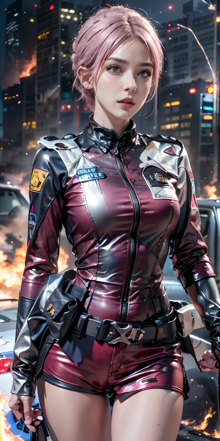 (Photorealistic, Ultra High Definition), ((close up:1, looking at viewer)), Soft light,1 police lady, Night City, (Detailed face), (Pink coiffed short-Hair: 1.3), (cloths color base on silver black pink red white), Futuristic Racing Suits, Police costume like Streetwear, police badge, High-Tech Headset, black army belt, racing gloves, hot pants or low , holding a handgun, "POLICE", ((Background crashed cars, burning car, fire background, Explosions, Running Audience)),