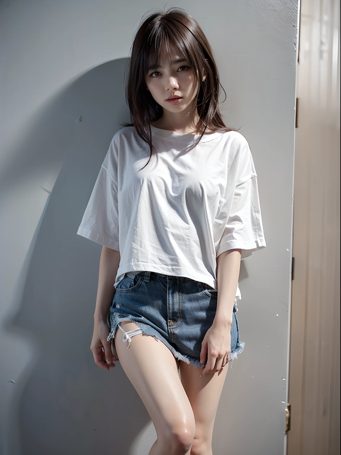 top-quality, intricate detailes, chromatic abberation, 1girl in, length hair, A dark-haired, Unkempt hair, White Highlights, red eyes, sharp eye, Oversized white T-shirt, Ultra mini skirt, pantiy, Cowboy Shots, wind lift, (oversize tshirt: 1.2 inch),against a wall, Concrete walls, doodle, Dim lighting, alleyway
