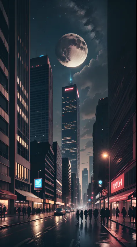 city night scene，Bustling，optic，shadowy，Award-Awarded，themoon，Ultimate beauty，8K，Wallpapers
