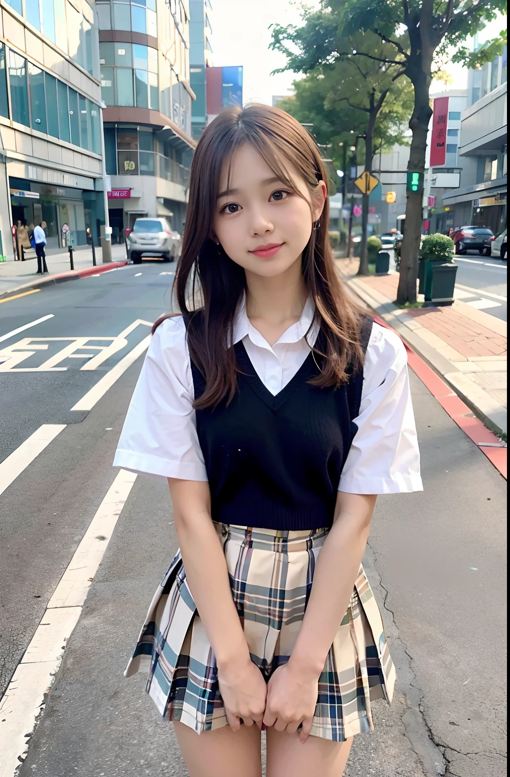 sidewalk, RAW photo, 8K, highest quality, super high resolution, beautiful face details, real human skin, gentle expression, front view, angle from below, long hair, realistic, realistic, cute, short skirt, standing deep in the city, cute schoolgirl, japanese  uniform, wearing Japanese , surreal high school girl, full body,