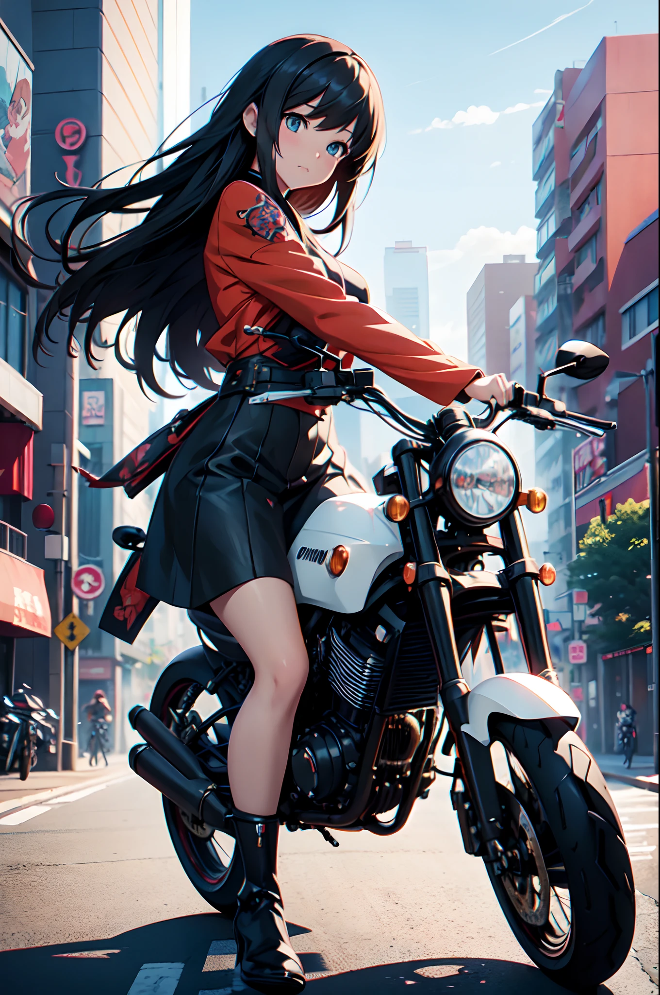 Anime girl riding motorcycle on city street with buildings in the ...