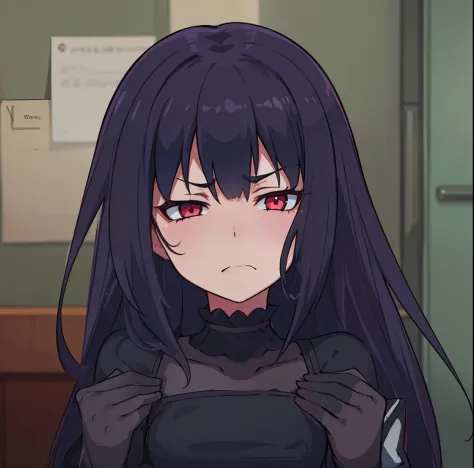 A  girl.  dark colored hair. red-eyes. Dark gothic outfit. frowning face. lowered eyes. A dull mouth. bags under eyes. A hand in a dark glove near the chest.
