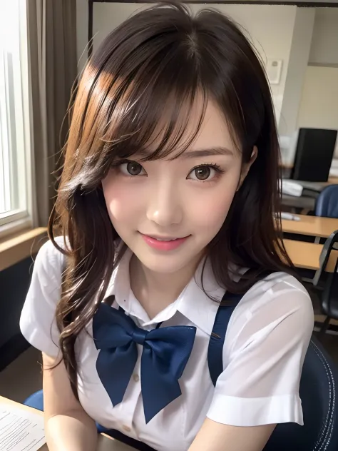 masutepiece, upperbody shot, Front view, 1 woman per 1 photo, a Japanese young pretty woman, hyper pretty face, 18 years old, studying at a desk in a library of school, A big smile, Glamorous figure, wearing a short sleeves shiny silky white collared shirt...