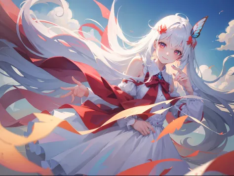 one-girl, On the white clouds, Sea of Clouds, rainbowing, white color hair, red color eyes, Princess dress, long hair, bangs, drill hair, butterfly hair ornament, smile, anime style, 8k, ccurate, masterpiece, super detail, best quality