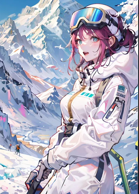 a ski girl in the white jade world： in a white jade realm，a skier wearing white ski equipment，she stands on the slopes，ski poles...