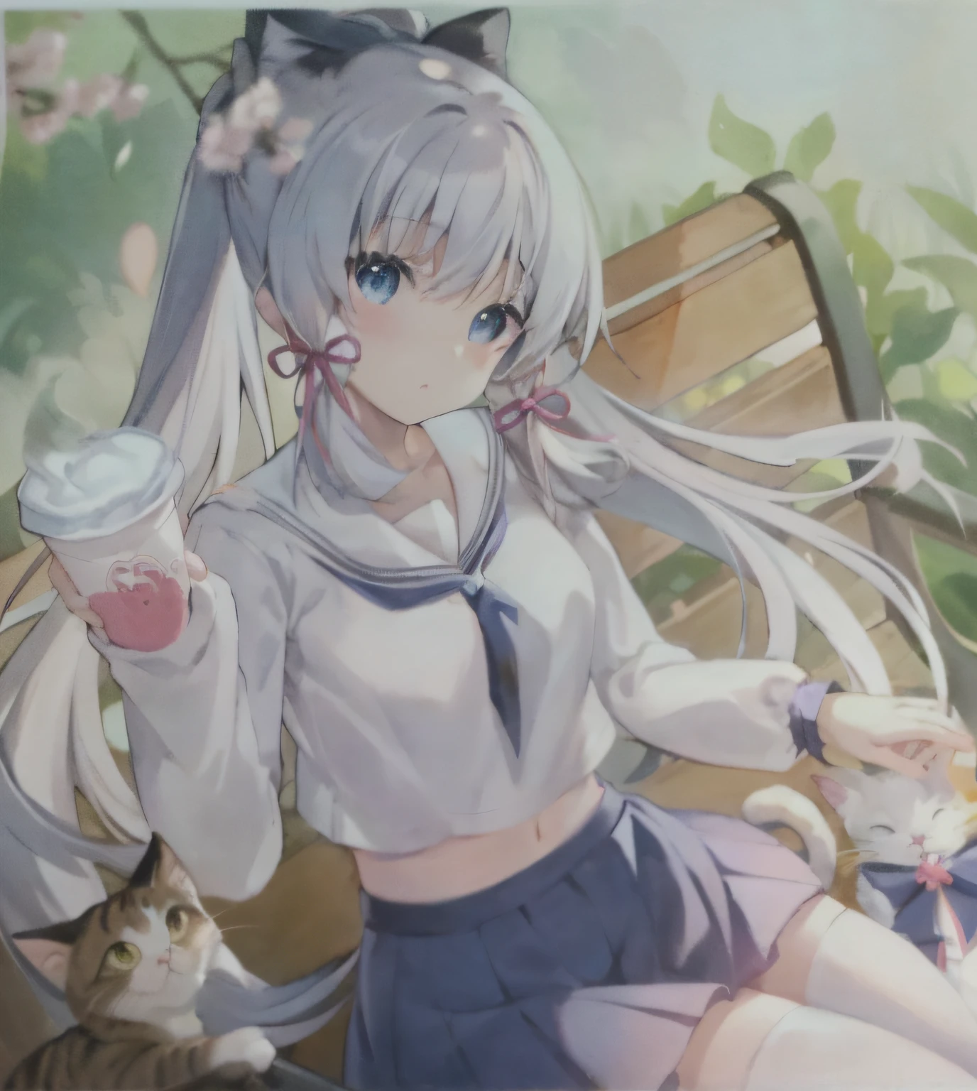 anime girl sitting on a bench with a cup of coffee, White Cat Girl, beautiful anime catgirl, Very beautiful anime cat girl, cute anime catgirl, Soft anime illustration, nyaruko-san, anime visual of a cute girl, anime girl with cat ears, anime catgirl, up of young anime girl, anime moe art style, Official artwork, Cute anime girl