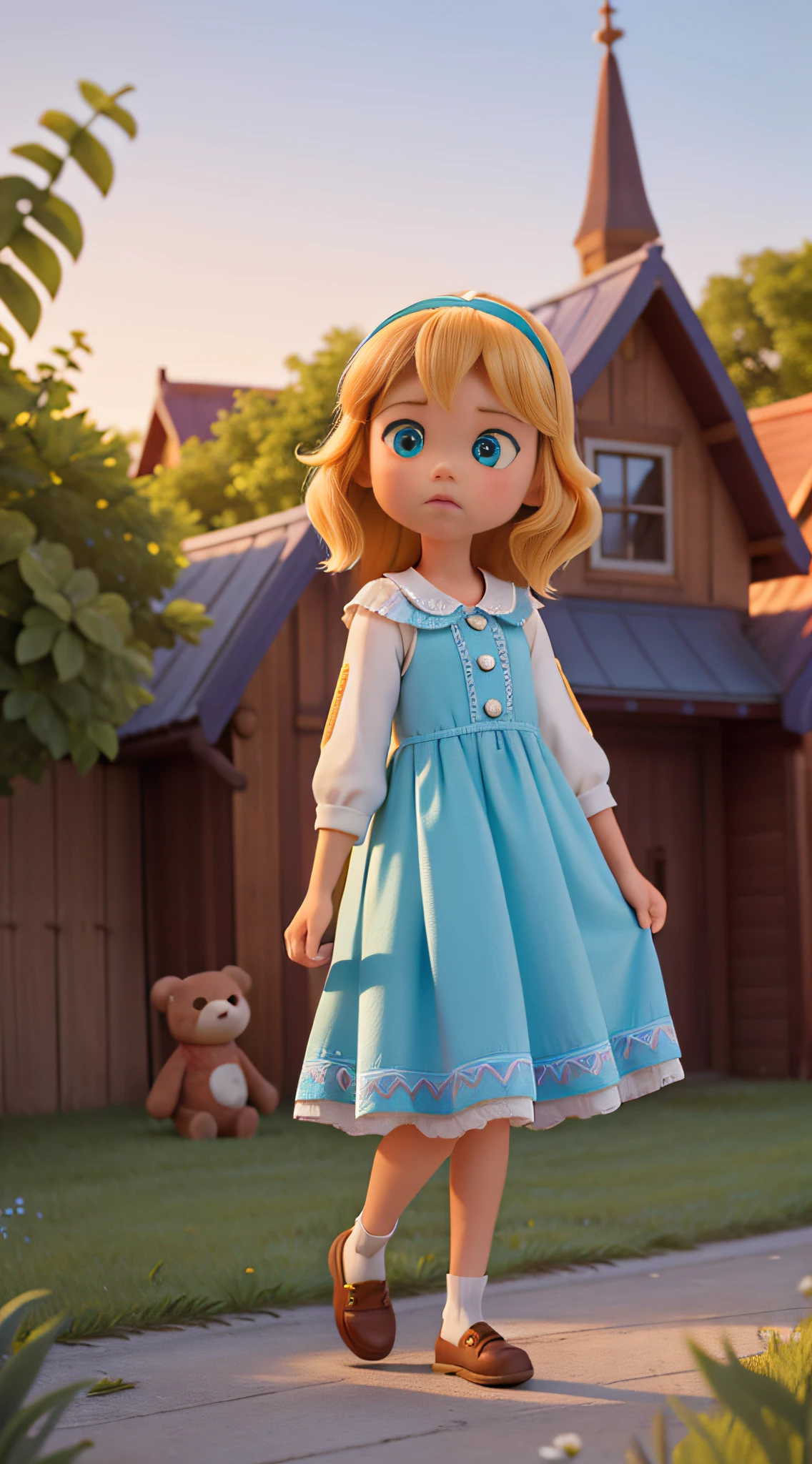 Create an enchanting illustration capturing the heart of Chapter 1: 'Lilly the Bear is Missing!' In this image, depict a serene, picturesque town bathed in the warm, golden glow of the setting sun. In the foreground, prominently feature a young girl, Dalivia, who is just three years old. She possesses golden blonde hair that shimmers in the fading light and deep, inquisitive blue eyes filled with wonder.

Dalivia is dressed in a vibrant, sky-blue dress that dances with the hues of twilight. On her head, a vivid green hairband keeps her locks neatly in place. She stands in the midst of the town, her expression a mix of determination and worry, clutching an empty space where her cherished teddy bear, Lilly, should be.

Convey the emotion and urgency of the moment as Dalivia embarks on her quest to find Lilly. The atmosphere should be tinged with a sense of mystery and adventure, setting the stage for the captivating tale that unfolds in Chapter 1