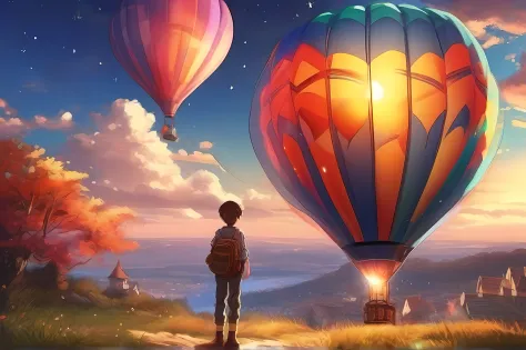 (peasant boy), adventurous, cheerful, wearing shoes, looking at a large colorful gas balloon, anime style, book cover style, sunset gives way to night, a starry sky begins to rise above, beautiful landscape, immersive image