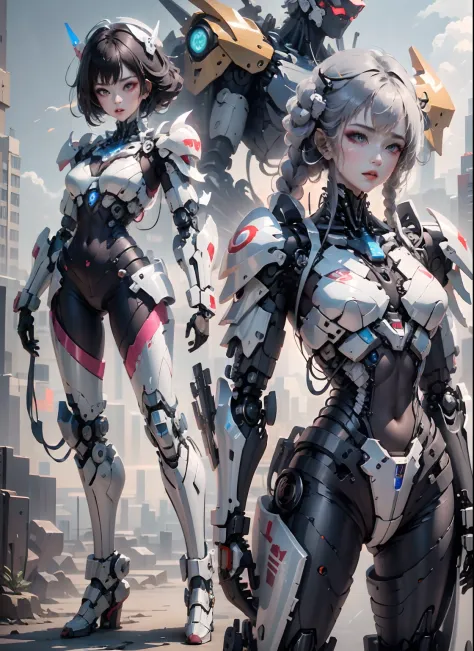 (highly detailed:1.5), (8k), futuristic mecha girl on the cover of a neon-lit science fiction magazine, style (cyberpunk:1.3), w...