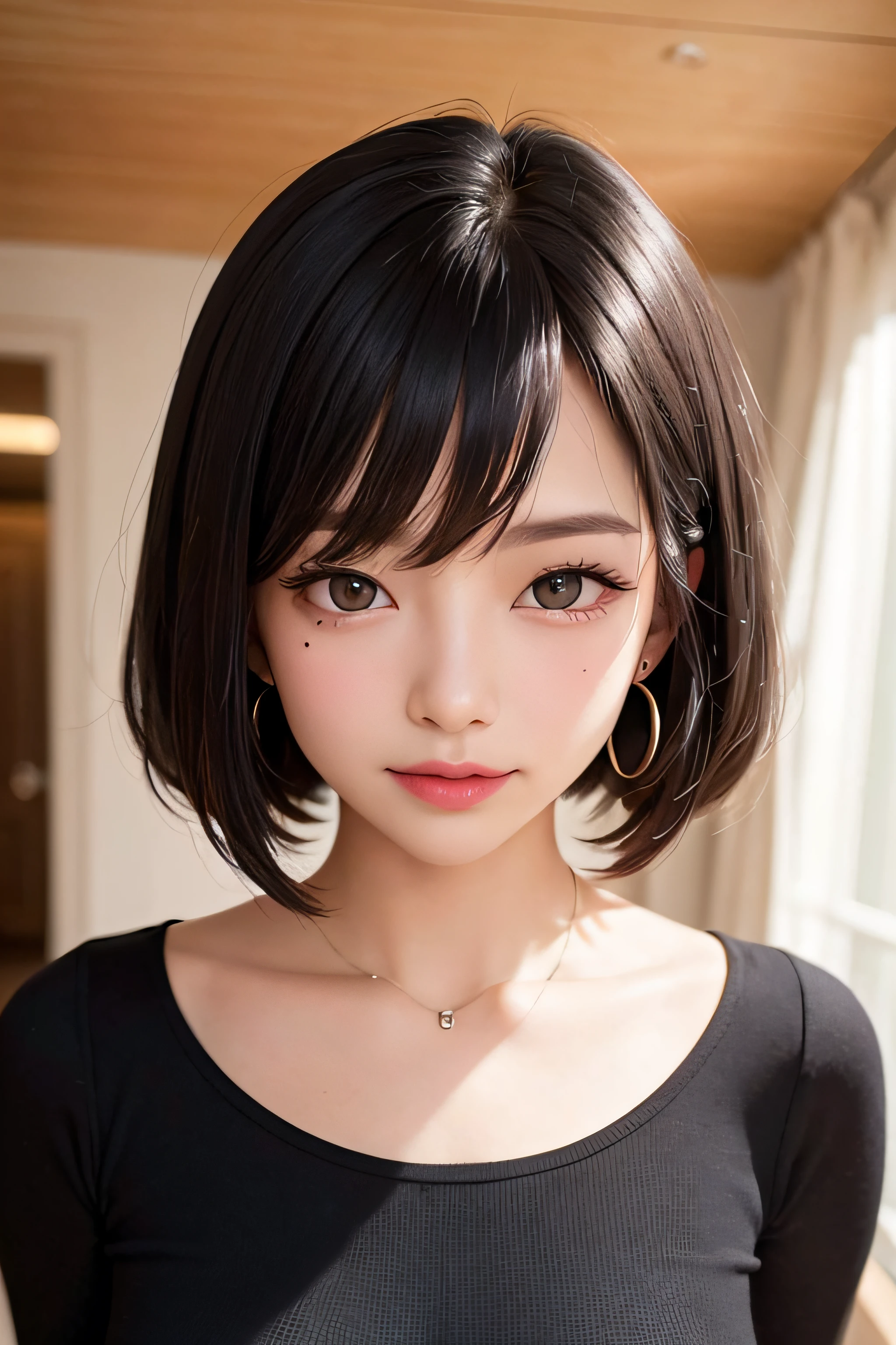 black hair, hair bobbles, longeyelashes, solid circle eyes, light smile, mole under eye, heart earrings, light smile, shy, puckered lips, Surrealism, drop shadow, stereogram, pov, atmospheric perspective, depth of field, first-person view, f/1.8, 8k, super detail, ccurate, best quality, highres, best quality,full body