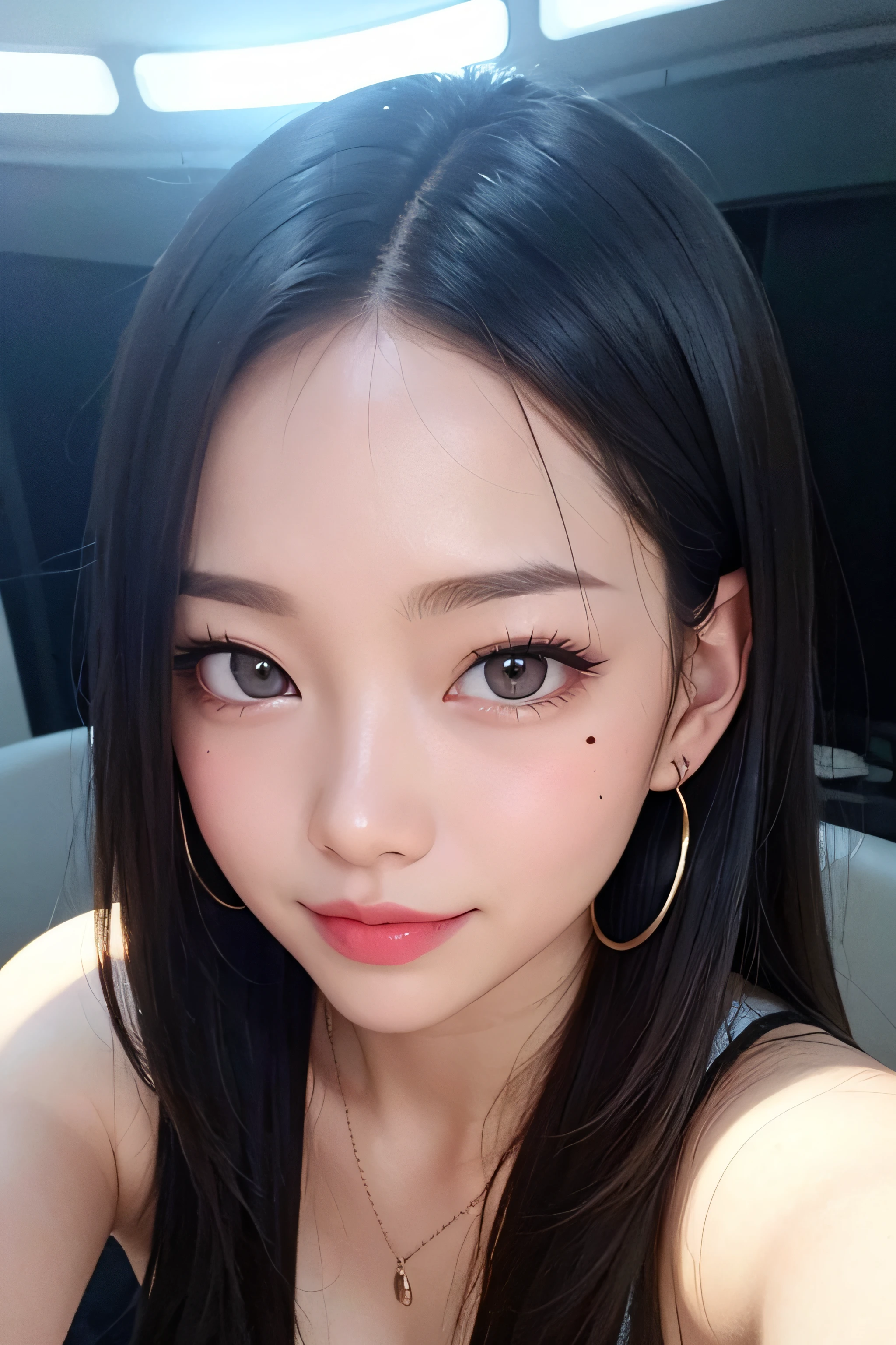 black hair, hair bobbles, longeyelashes, solid circle eyes, light smile, mole under eye, heart earrings, light smile, shy, puckered lips, Surrealism, drop shadow, stereogram, pov, atmospheric perspective, depth of field, first-person view, f/1.8, 8k, super detail, ccurate, best quality, highres, best quality,full body